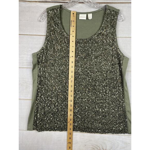 Chico's Tank Top Sz 2 Women L Green Sequins Front Sleeveless Party Lined Stretch - Picture 4 of 11